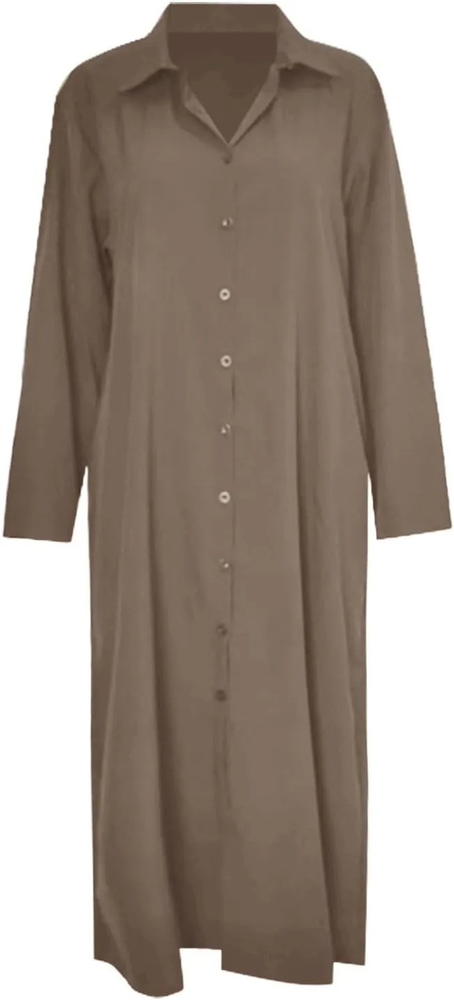 Cotton Linen Shirt Dresses for Women 2024 Casual Long Sleeve Button Down Maxi Dress Lapel Outdoor Swing Sundress