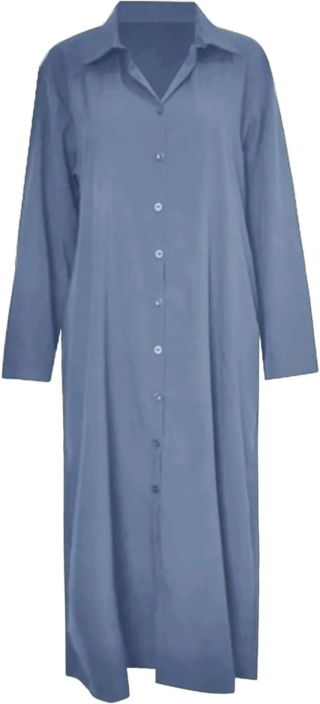 Cotton Linen Shirt Dresses for Women 2024 Casual Long Sleeve Button Down Maxi Dress Lapel Outdoor Swing Sundress