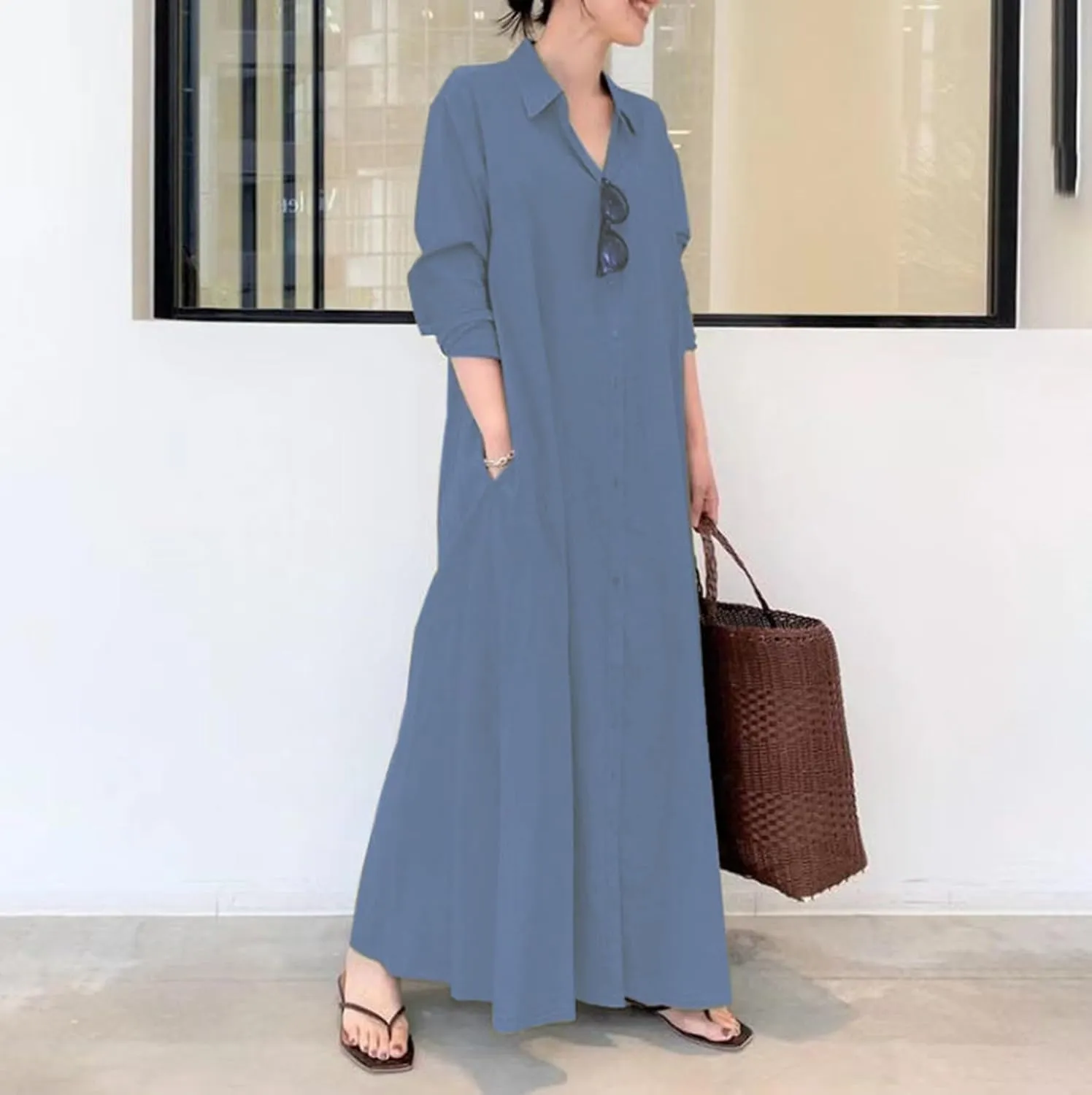 Cotton Linen Shirt Dresses for Women 2024 Casual Long Sleeve Button Down Maxi Dress Lapel Outdoor Swing Sundress