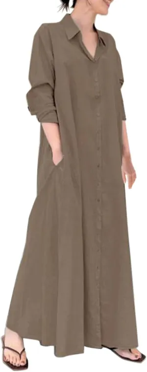 Cotton Linen Shirt Dresses for Women 2024 Casual Long Sleeve Button Down Maxi Dress Lapel Outdoor Swing Sundress