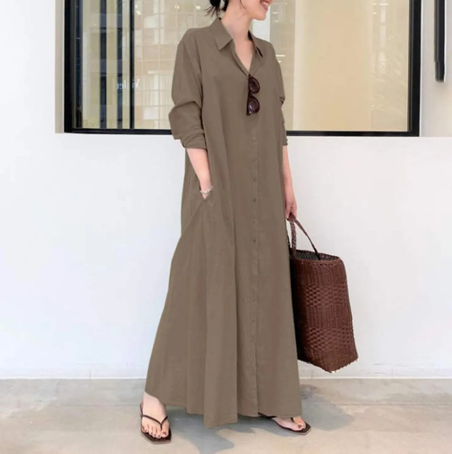 Cotton Linen Shirt Dresses for Women 2024 Casual Long Sleeve Button Down Maxi Dress Lapel Outdoor Swing Sundress