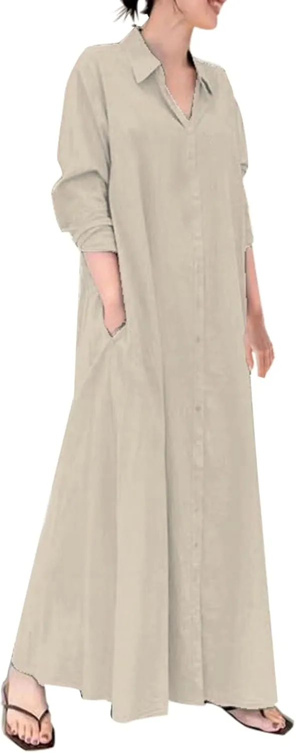 Cotton Linen Shirt Dresses for Women 2024 Casual Long Sleeve Button Down Maxi Dress Lapel Outdoor Swing Sundress