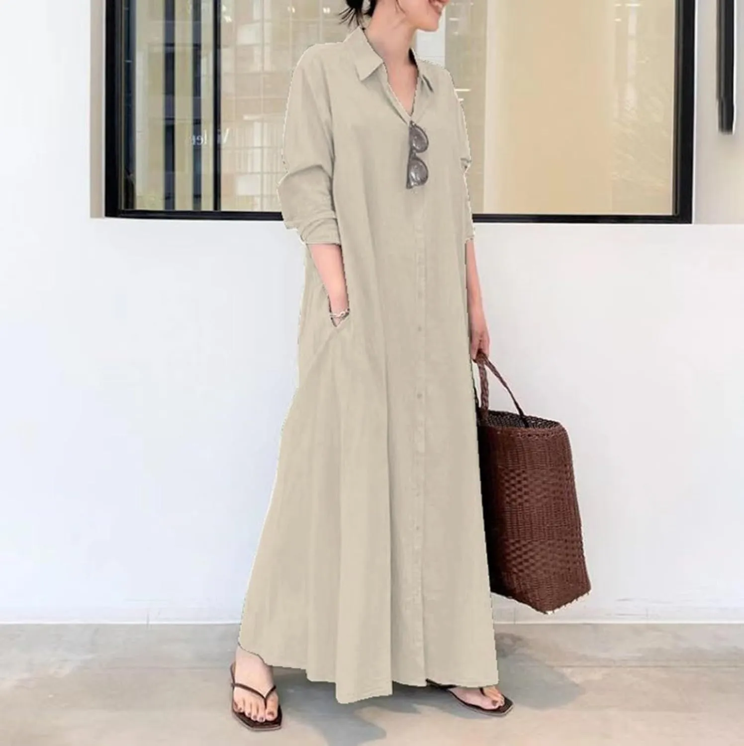 Cotton Linen Shirt Dresses for Women 2024 Casual Long Sleeve Button Down Maxi Dress Lapel Outdoor Swing Sundress