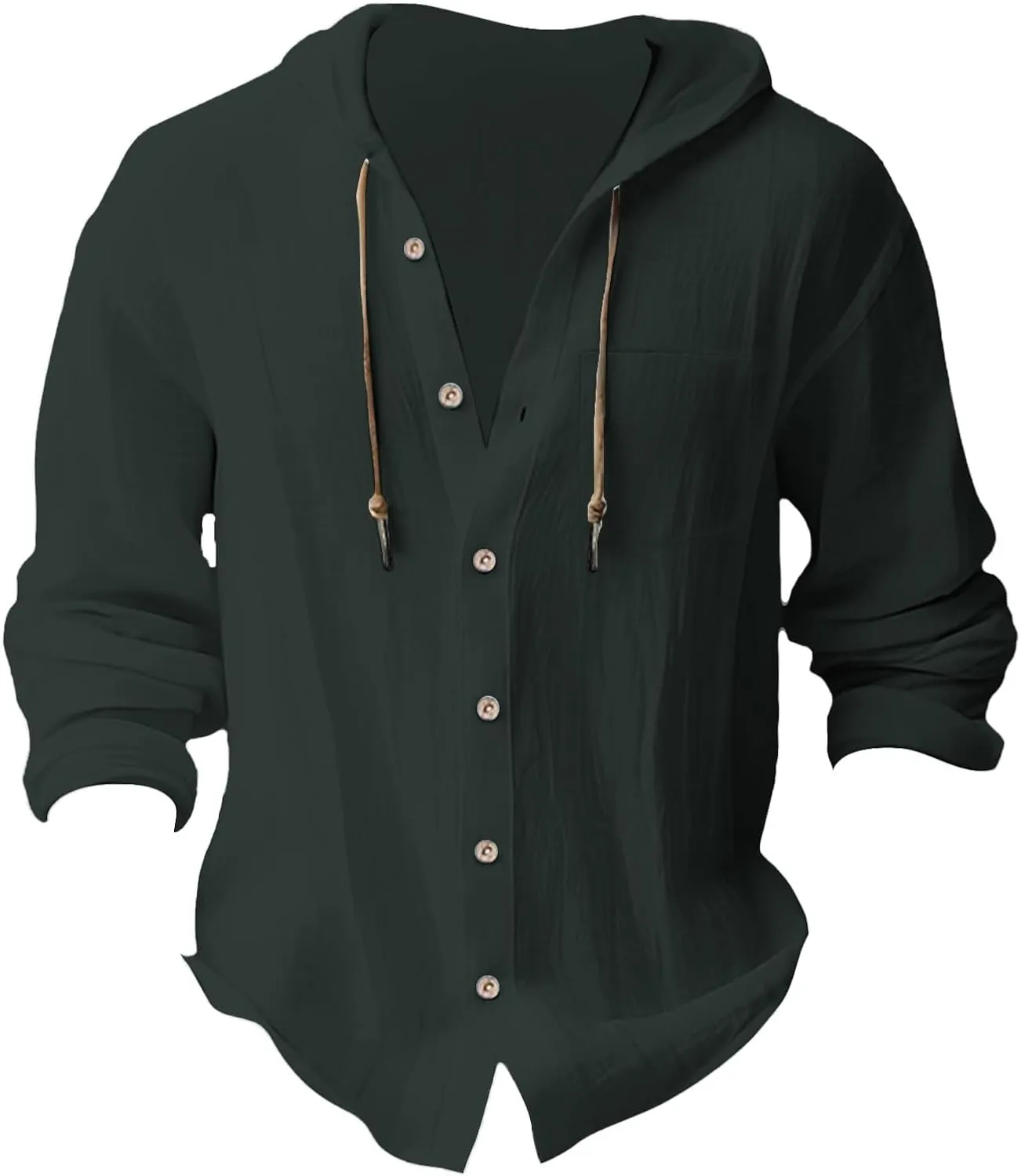 Cotton Linen Shirts for Men Drawstring Button Long Sleeve Tops with Hood Casual Breathable Summer Beach Hoodie
