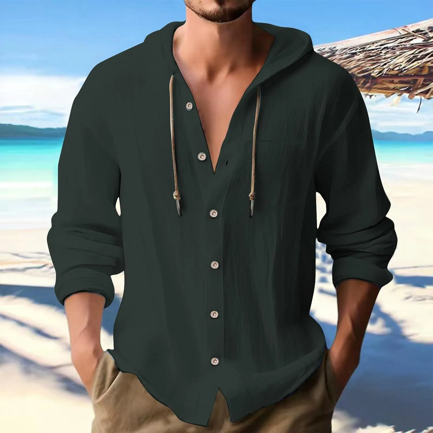 Cotton Linen Shirts for Men Drawstring Button Long Sleeve Tops with Hood Casual Breathable Summer Beach Hoodie