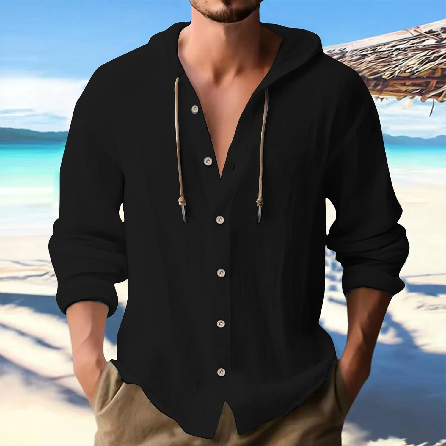 Cotton Linen Shirts for Men Drawstring Button Long Sleeve Tops with Hood Casual Breathable Summer Beach Hoodie