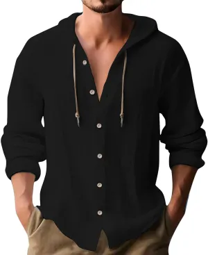 Cotton Linen Shirts for Men Drawstring Button Long Sleeve Tops with Hood Casual Breathable Summer Beach Hoodie