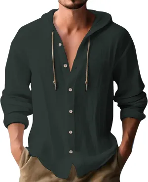 Cotton Linen Shirts for Men Drawstring Button Long Sleeve Tops with Hood Casual Breathable Summer Beach Hoodie