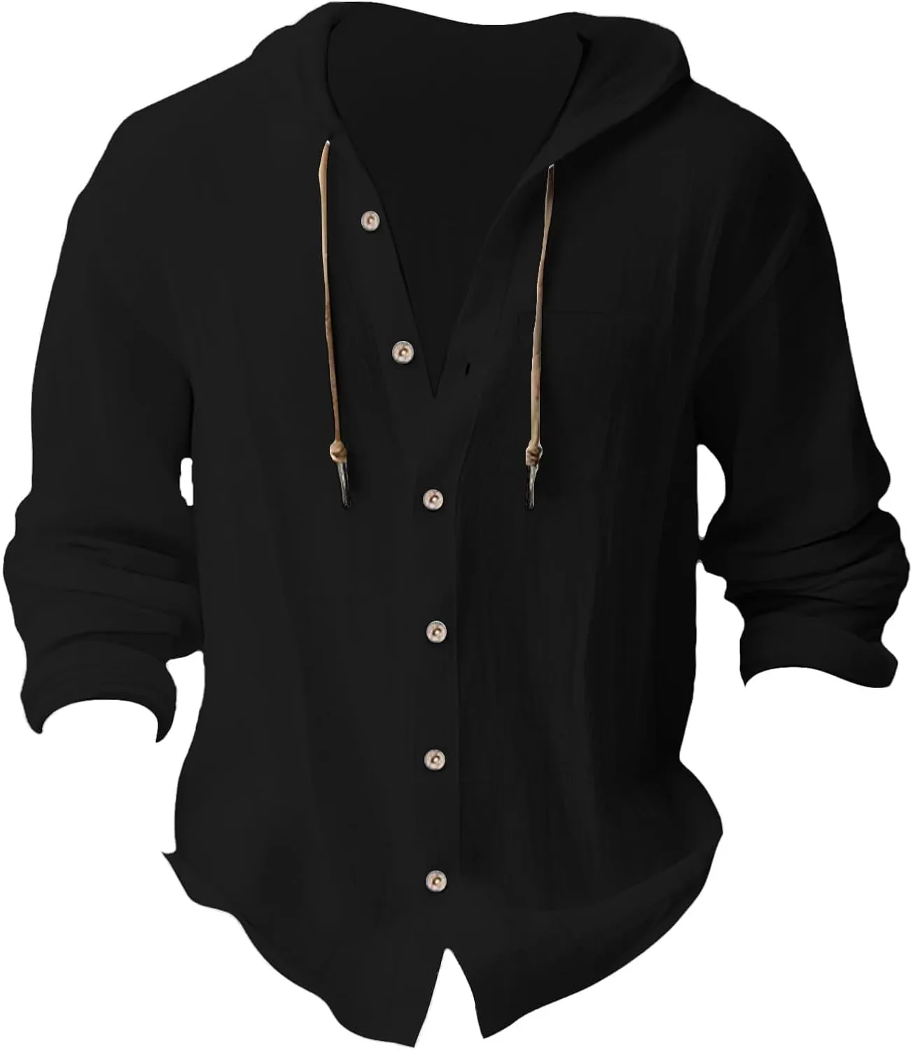 Cotton Linen Shirts for Men Drawstring Button Long Sleeve Tops with Hood Casual Breathable Summer Beach Hoodie