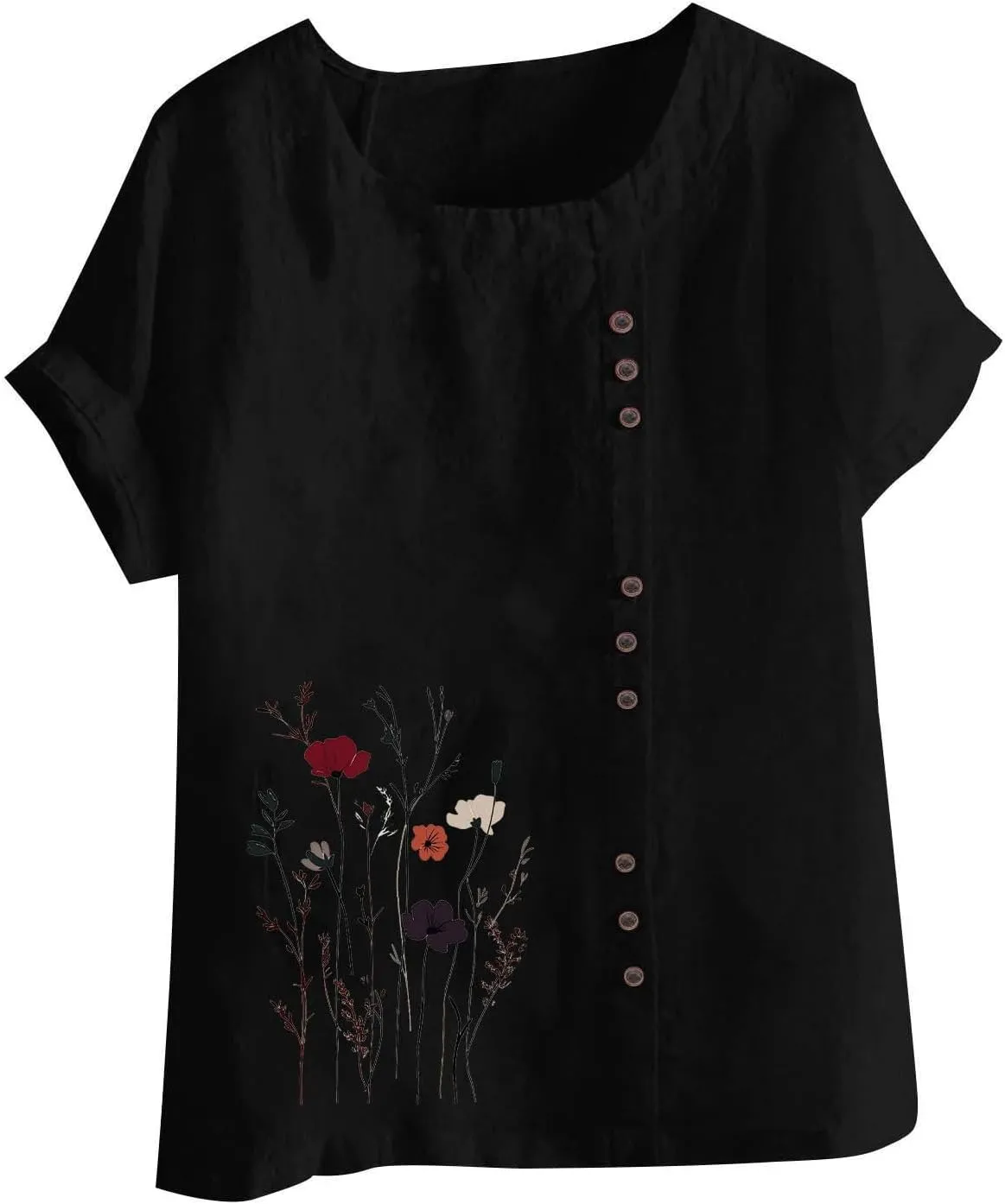 Cotton Linen Tops for Women Loose Casual Floral Print Blouse Trendy Roll Up Short Sleeve T-Shirt Summer Basic Tees