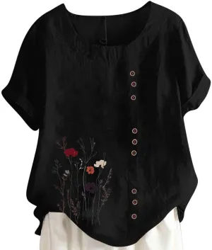 Cotton Linen Tops for Women Loose Casual Floral Print Blouse Trendy Roll Up Short Sleeve T-Shirt Summer Basic Tees