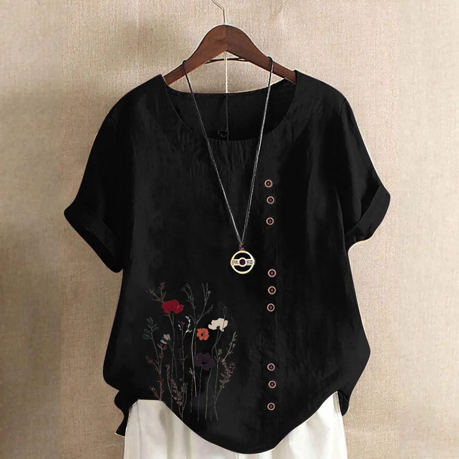 Cotton Linen Tops for Women Loose Casual Floral Print Blouse Trendy Roll Up Short Sleeve T-Shirt Summer Basic Tees