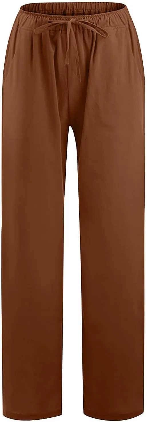Cotton Linen Wide Leg Pants for Women Casual Summer 2024 Drawstring Beach Pants Loose Flowy Lounge Trousers
