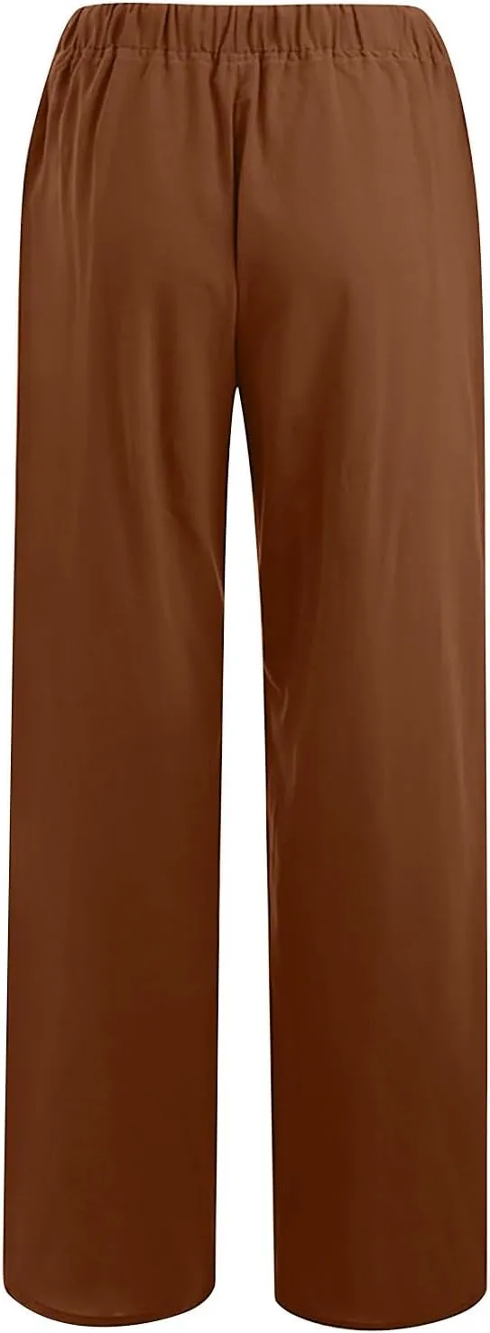 Cotton Linen Wide Leg Pants for Women Casual Summer 2024 Drawstring Beach Pants Loose Flowy Lounge Trousers