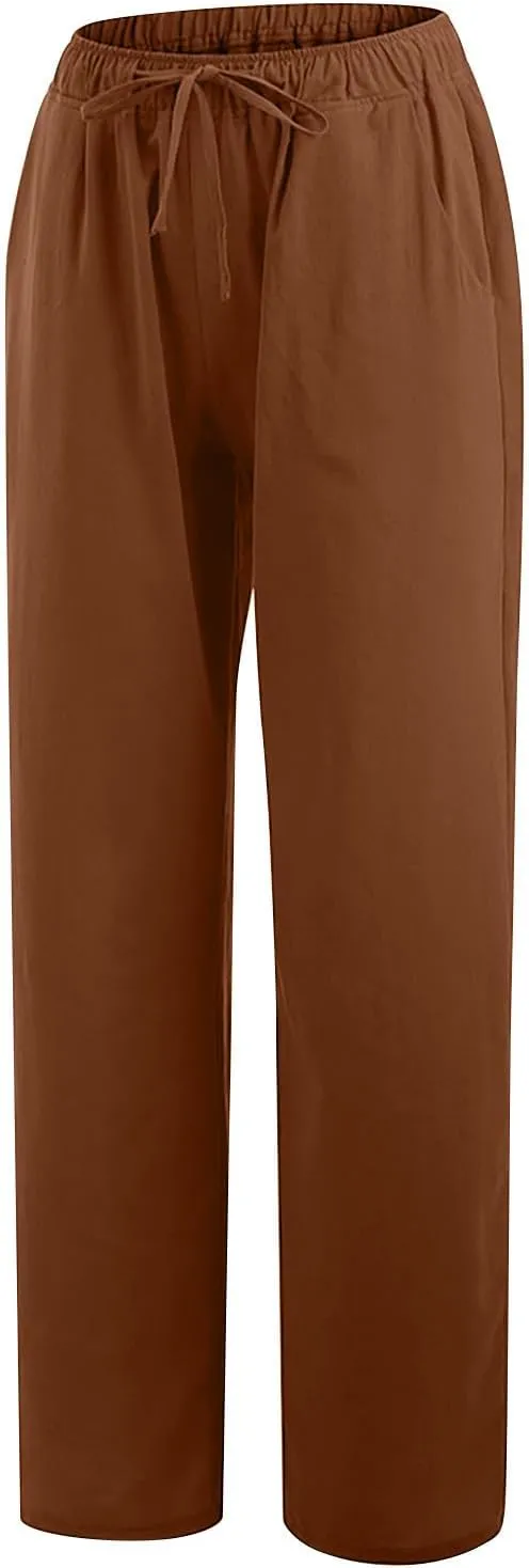 Cotton Linen Wide Leg Pants for Women Casual Summer 2024 Drawstring Beach Pants Loose Flowy Lounge Trousers