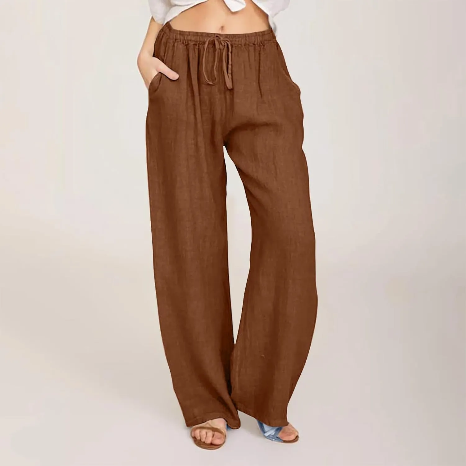 Cotton Linen Wide Leg Pants for Women Casual Summer 2024 Drawstring Beach Pants Loose Flowy Lounge Trousers