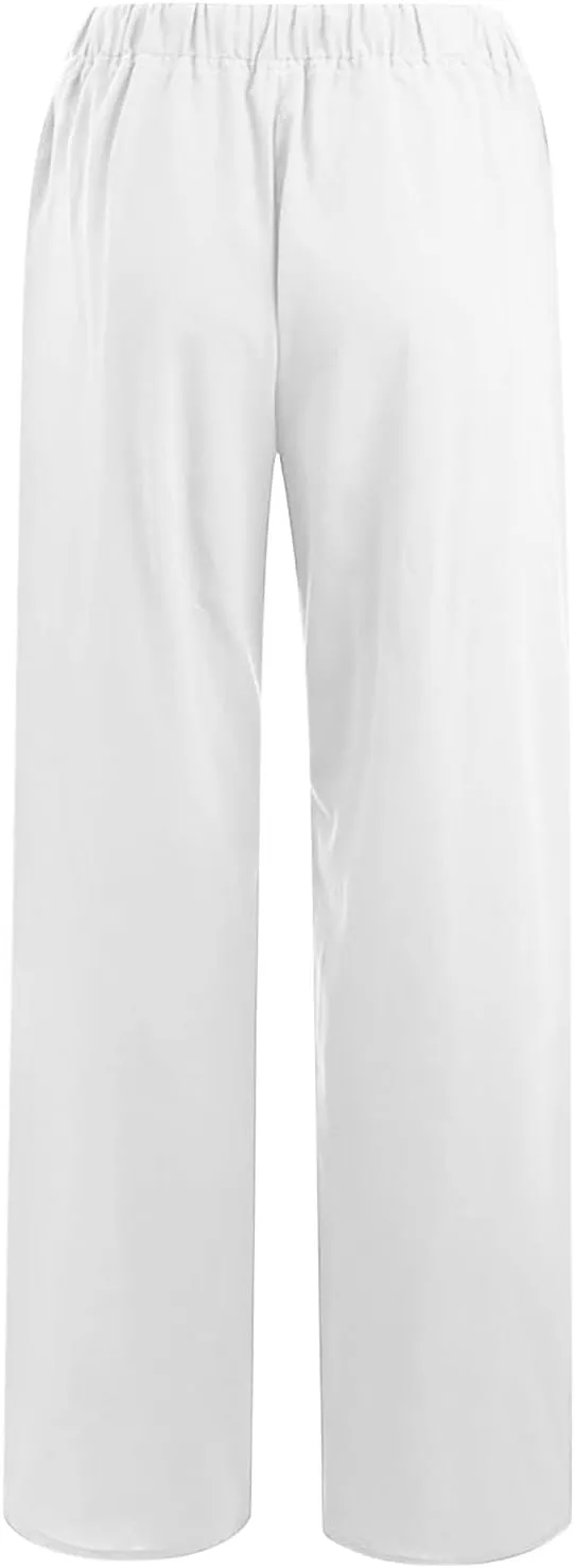 Cotton Linen Wide Leg Pants for Women Casual Summer 2024 Drawstring Beach Pants Loose Flowy Lounge Trousers