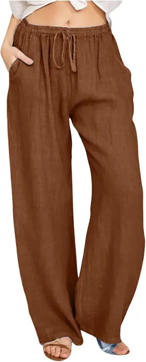 Cotton Linen Wide Leg Pants for Women Casual Summer 2024 Drawstring Beach Pants Loose Flowy Lounge Trousers