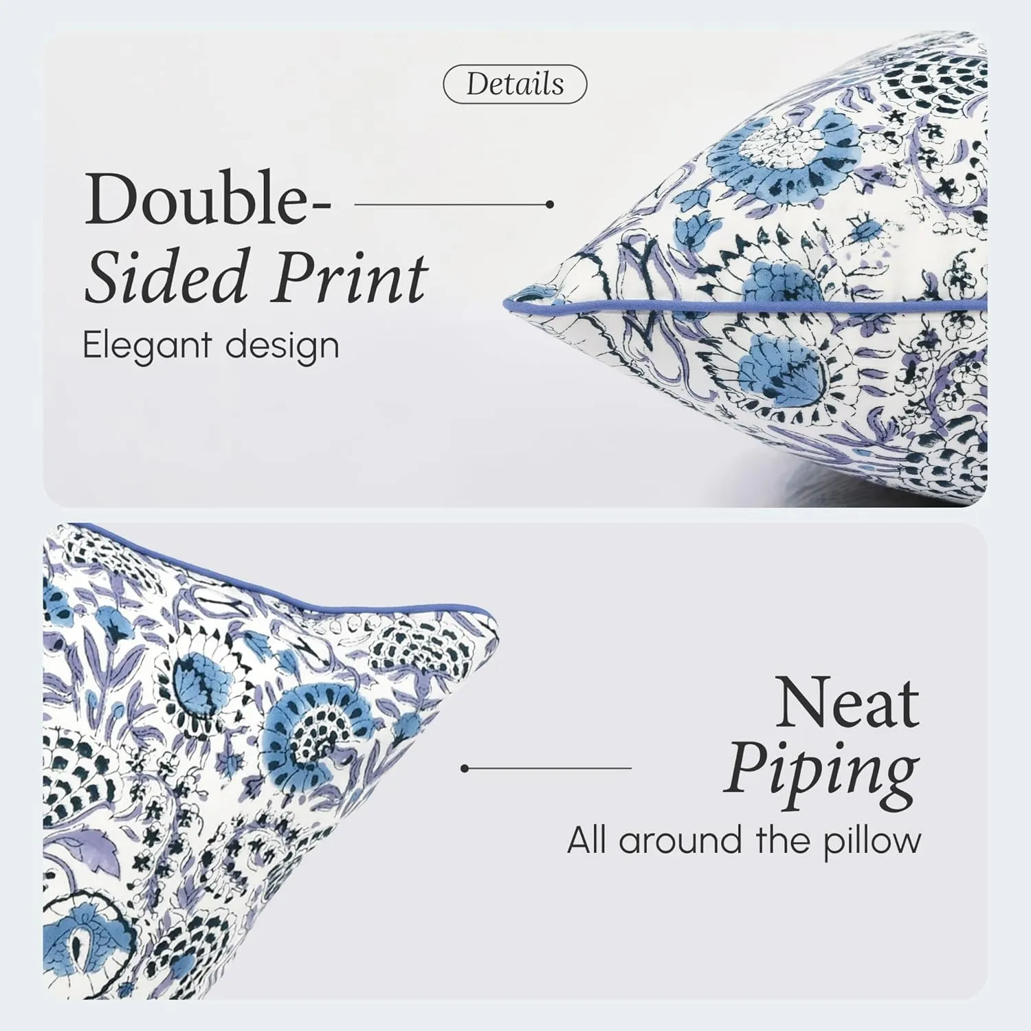 CPC 100% Cotton Throw Pillow Covers 20x20 Inch, Set of 2 Blue Block Print Pattern Couch Pillow, Cute Boho Decorative Pillows for Living Room, Bedroom with Hidden Zipper- Indigo Blue