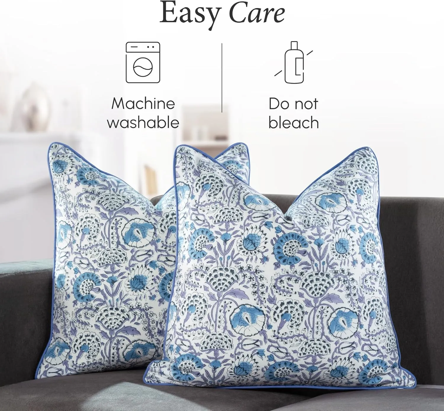 CPC 100% Cotton Throw Pillow Covers 20x20 Inch, Set of 2 Blue Block Print Pattern Couch Pillow, Cute Boho Decorative Pillows for Living Room, Bedroom with Hidden Zipper- Indigo Blue