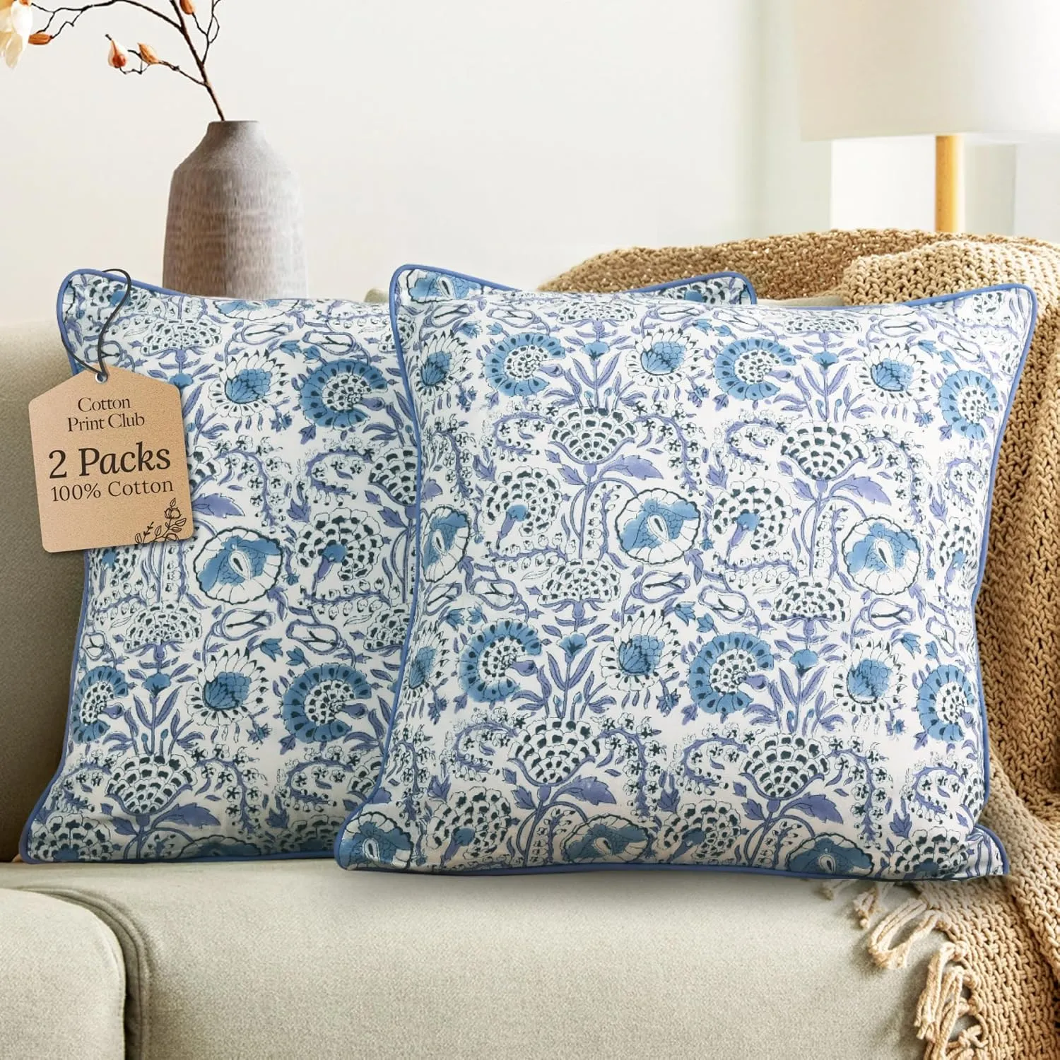 CPC 100% Cotton Throw Pillow Covers 20x20 Inch, Set of 2 Blue Block Print Pattern Couch Pillow, Cute Boho Decorative Pillows for Living Room, Bedroom with Hidden Zipper- Indigo Blue