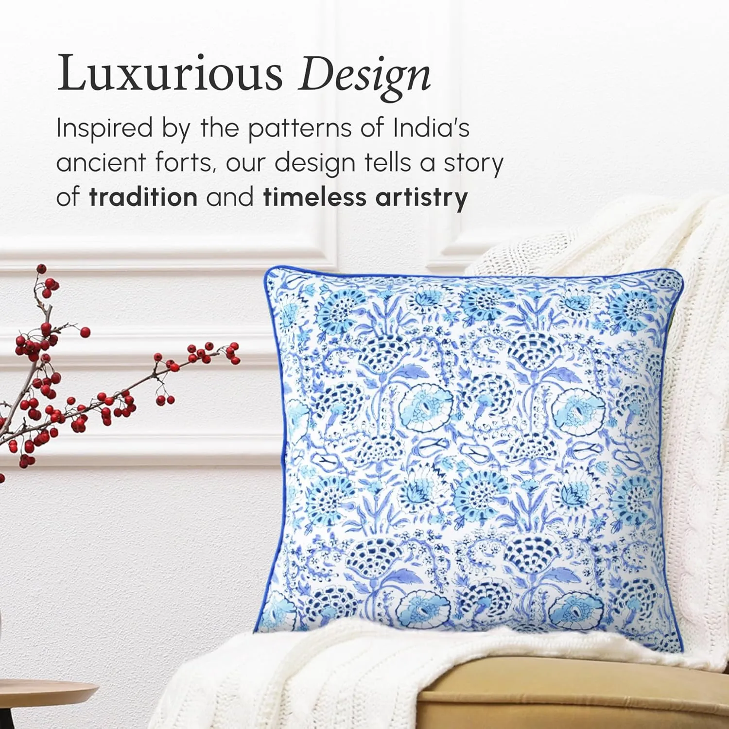 CPC 100% Cotton Throw Pillow Covers 20x20 Inch, Set of 2 Blue Block Print Pattern Couch Pillow, Cute Boho Decorative Pillows for Living Room, Bedroom with Hidden Zipper- Indigo Blue
