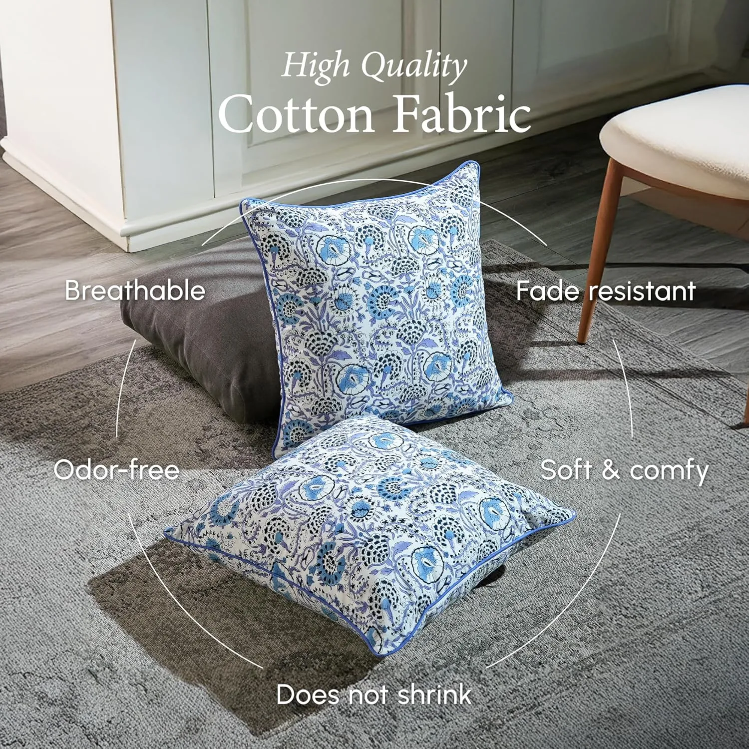 CPC 100% Cotton Throw Pillow Covers 20x20 Inch, Set of 2 Blue Block Print Pattern Couch Pillow, Cute Boho Decorative Pillows for Living Room, Bedroom with Hidden Zipper- Indigo Blue