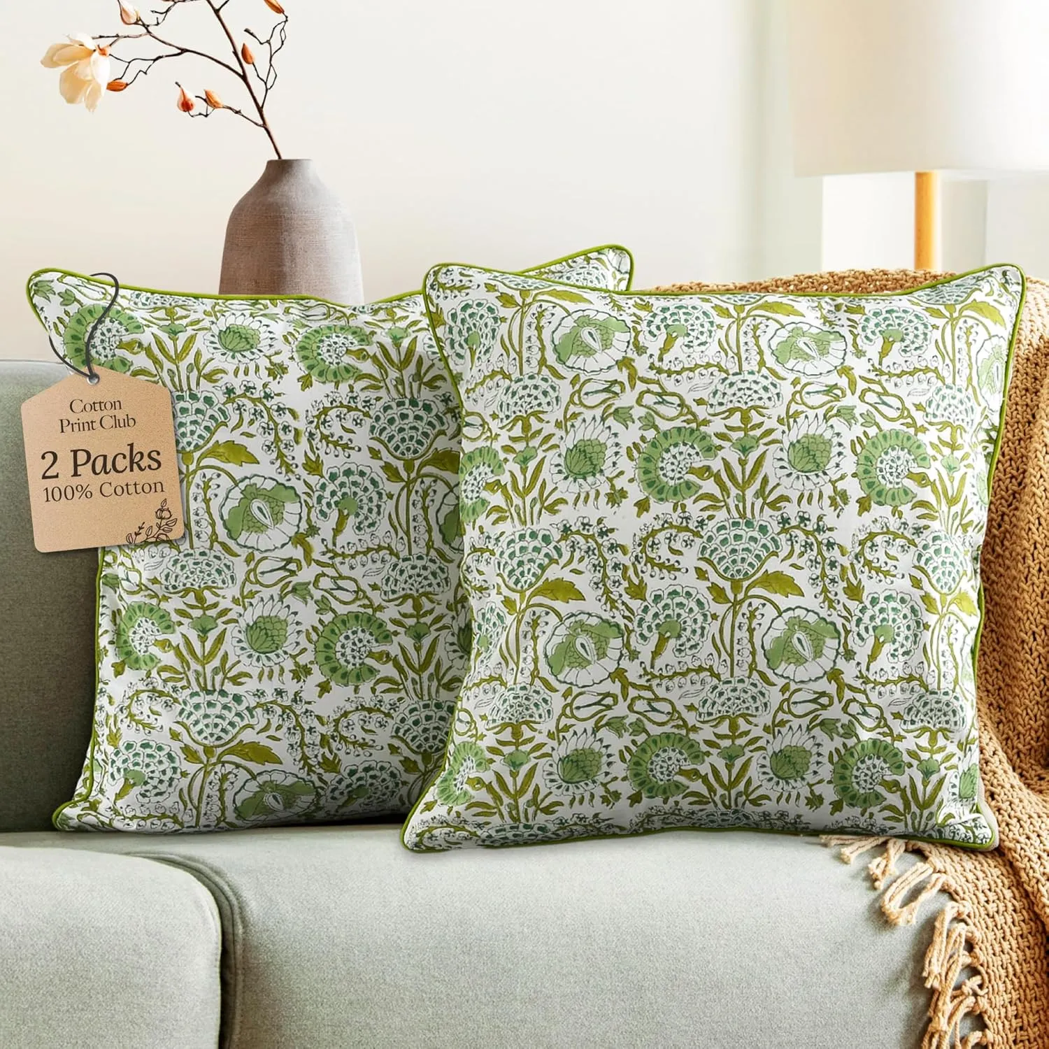 CPC 100% Cotton Throw Pillow Covers 20x20 Inch, Set of 2 Green Block Print Pattern Couch Pillow, Cute Boho Decorative Pillows for Living Room, Bedroom with Hidden Zipper- Agate Green