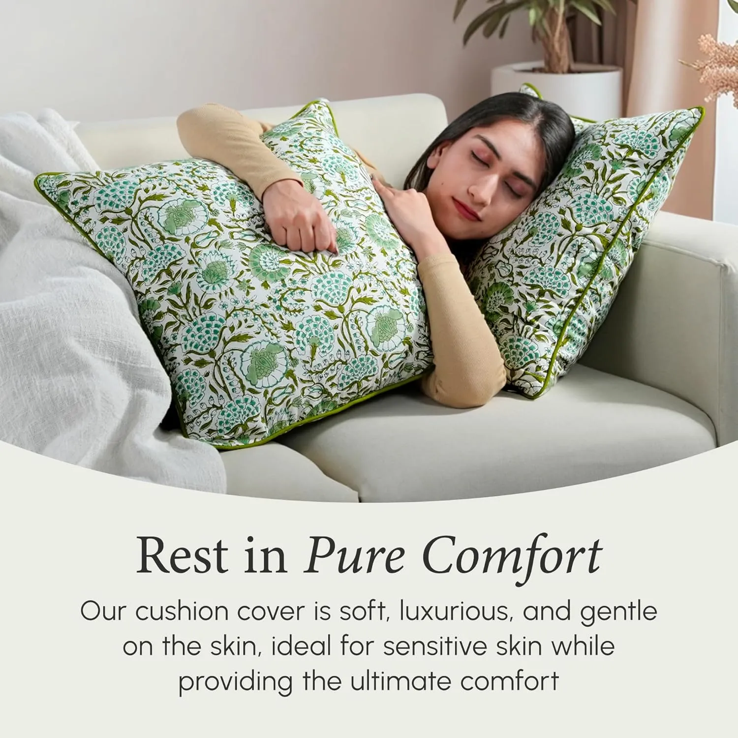 CPC 100% Cotton Throw Pillow Covers 20x20 Inch, Set of 2 Green Block Print Pattern Couch Pillow, Cute Boho Decorative Pillows for Living Room, Bedroom with Hidden Zipper- Agate Green