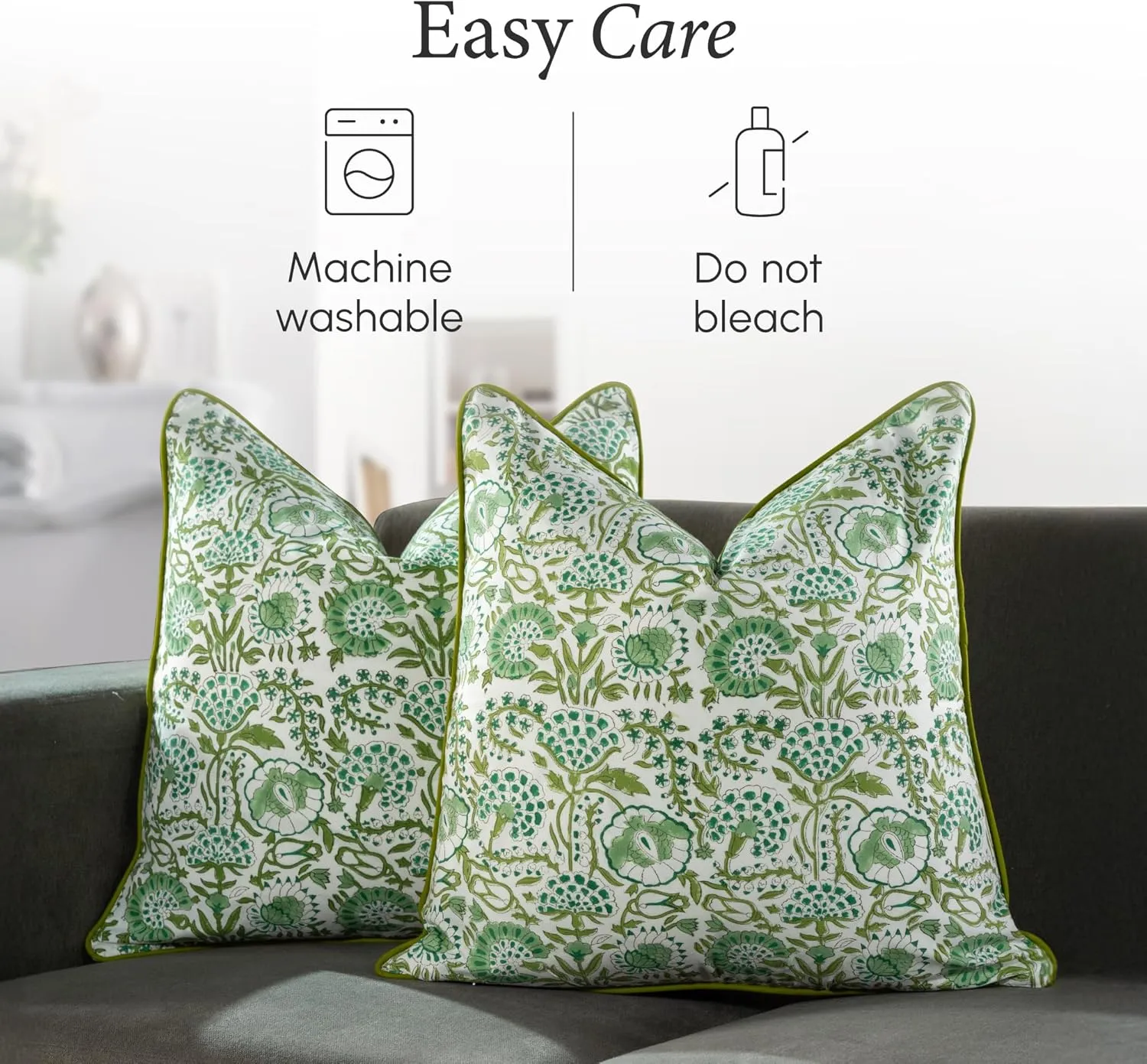 CPC 100% Cotton Throw Pillow Covers 20x20 Inch, Set of 2 Green Block Print Pattern Couch Pillow, Cute Boho Decorative Pillows for Living Room, Bedroom with Hidden Zipper- Agate Green