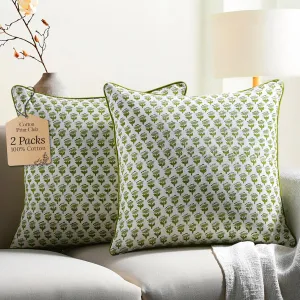 CPC 100% Cotton Throw Pillow Covers 20x20 Inch, Set of 2 Green Block Print Pattern Couch Pillow, Cute Boho Decorative Pillows for Living Room, Bedroom with Hidden Zipper- Emerald Green