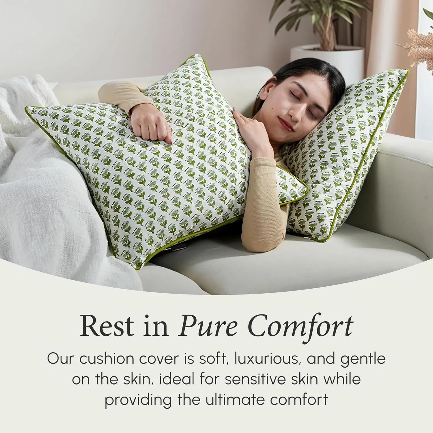CPC 100% Cotton Throw Pillow Covers 20x20 Inch, Set of 2 Green Block Print Pattern Couch Pillow, Cute Boho Decorative Pillows for Living Room, Bedroom with Hidden Zipper- Emerald Green
