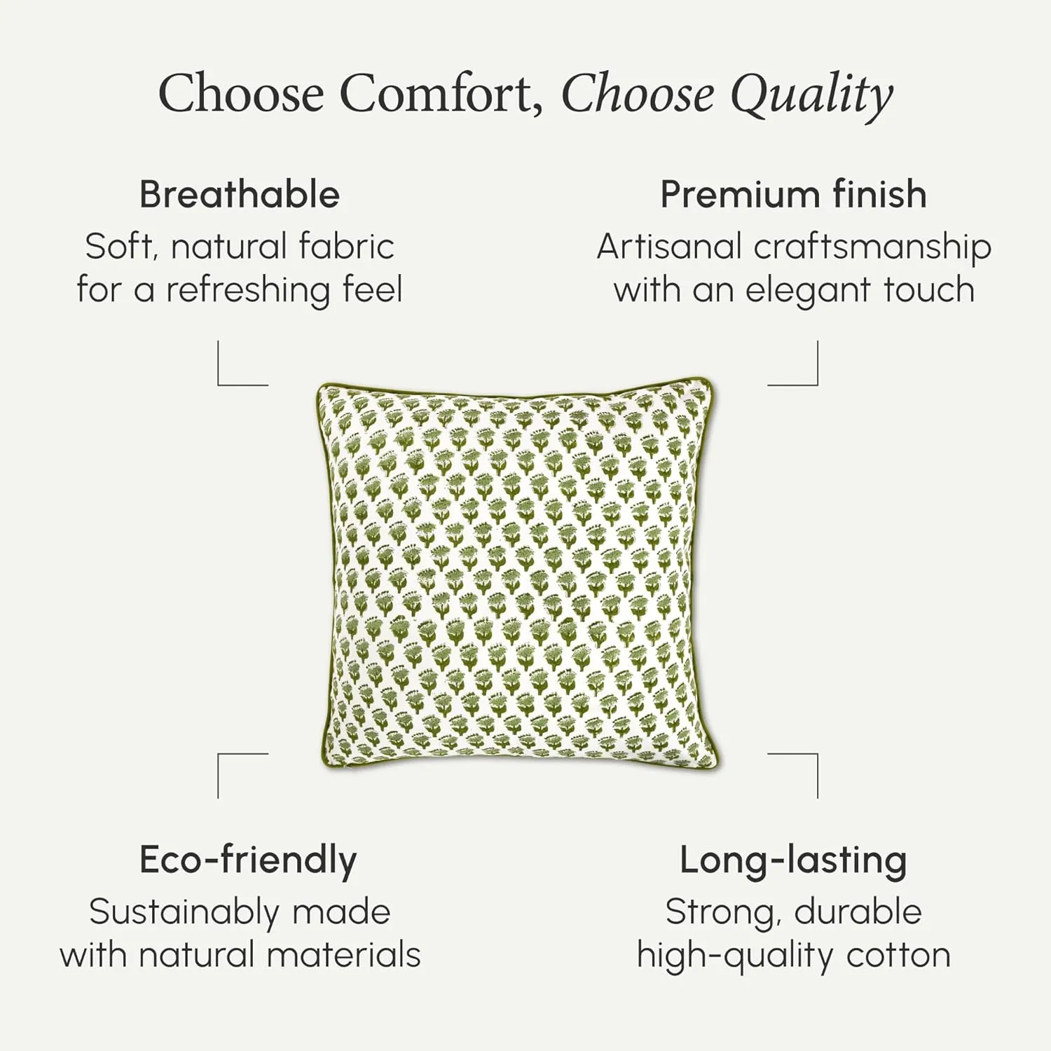 CPC 100% Cotton Throw Pillow Covers 20x20 Inch, Set of 2 Green Block Print Pattern Couch Pillow, Cute Boho Decorative Pillows for Living Room, Bedroom with Hidden Zipper- Emerald Green