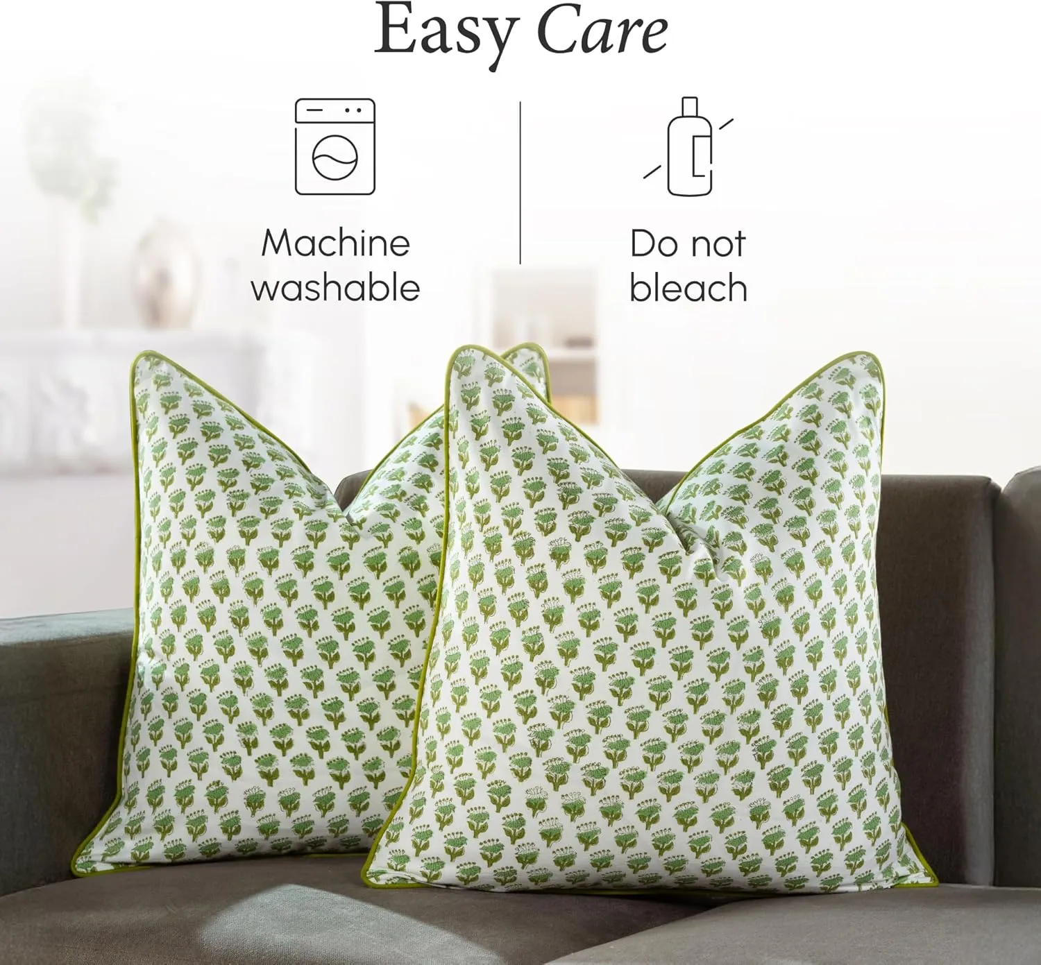 CPC 100% Cotton Throw Pillow Covers 20x20 Inch, Set of 2 Green Block Print Pattern Couch Pillow, Cute Boho Decorative Pillows for Living Room, Bedroom with Hidden Zipper- Emerald Green
