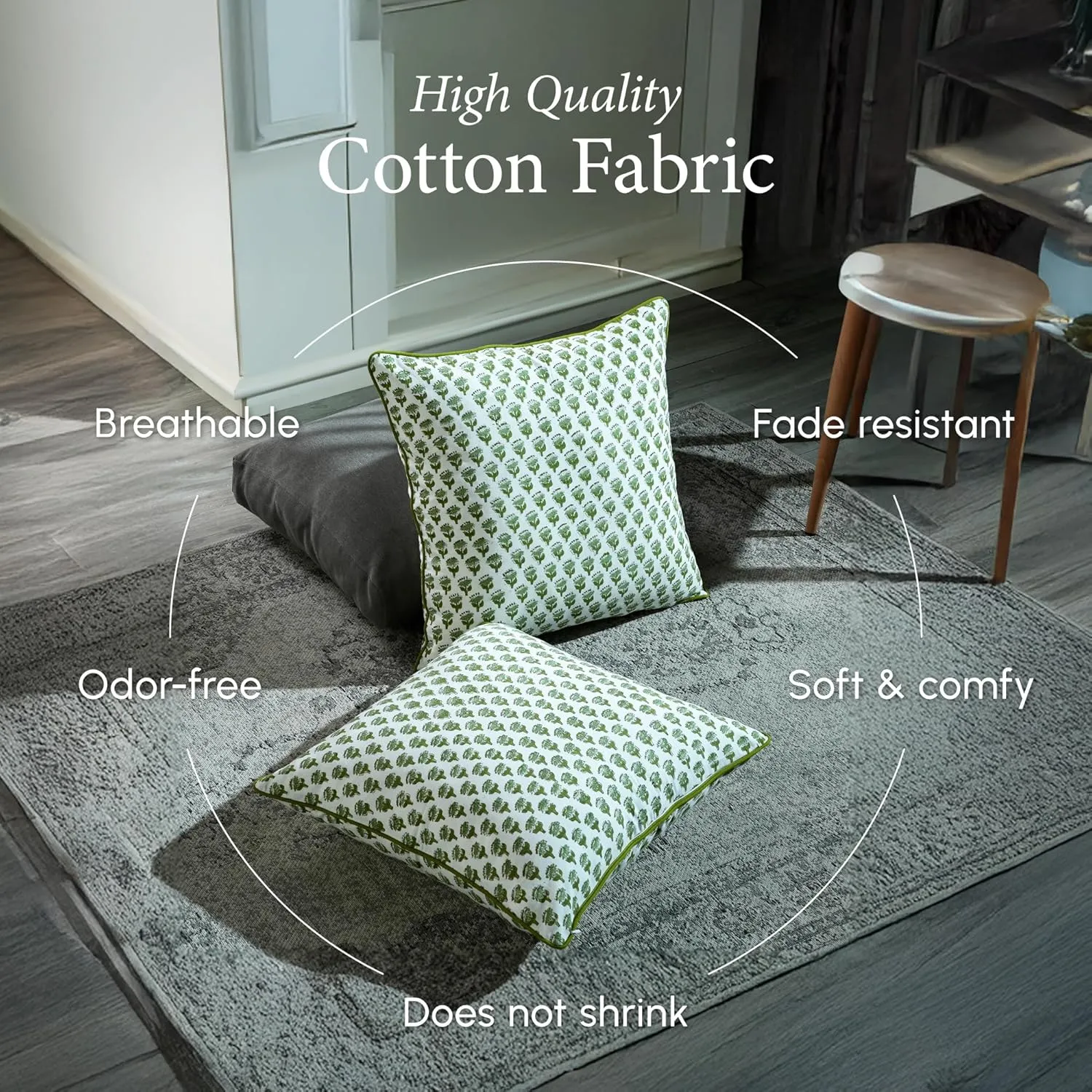 CPC 100% Cotton Throw Pillow Covers 20x20 Inch, Set of 2 Green Block Print Pattern Couch Pillow, Cute Boho Decorative Pillows for Living Room, Bedroom with Hidden Zipper- Emerald Green