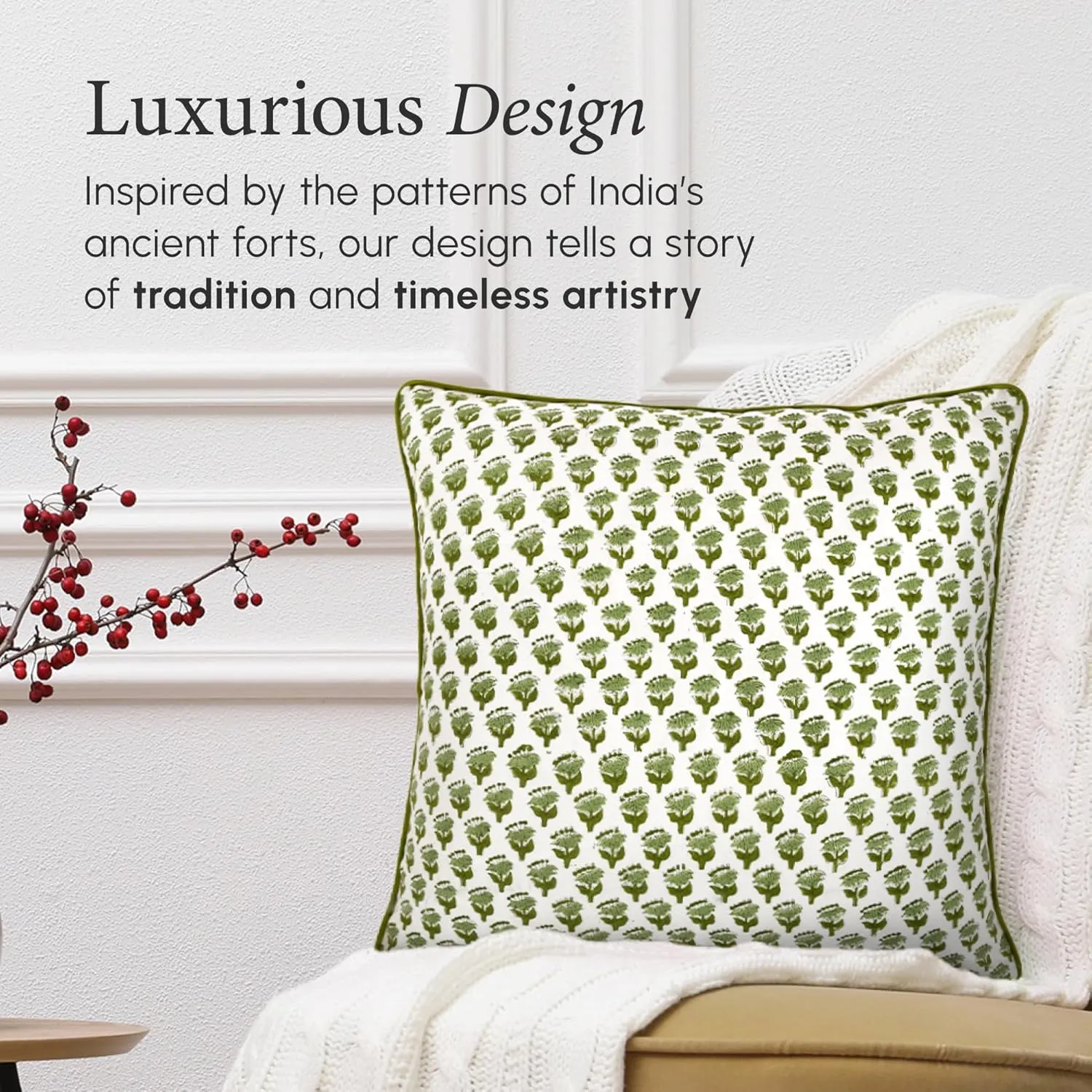 CPC 100% Cotton Throw Pillow Covers 20x20 Inch, Set of 2 Green Block Print Pattern Couch Pillow, Cute Boho Decorative Pillows for Living Room, Bedroom with Hidden Zipper- Emerald Green