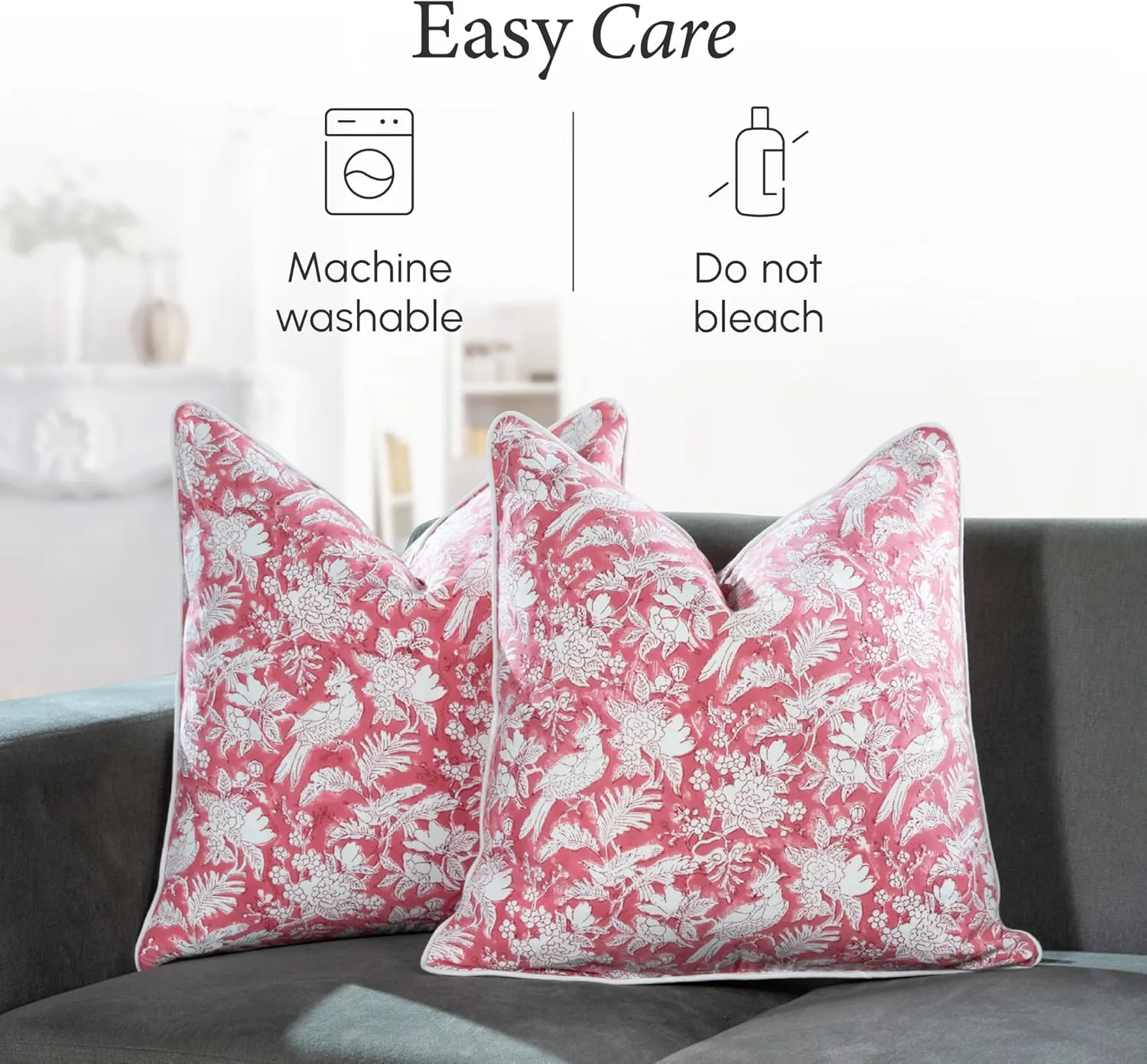 CPC 100% Cotton Throw Pillow Covers 20x20 Inch, Set of 2 Pink Block Print Pattern Couch Pillow, Cute Boho Decorative Pillows for Living Room, Bedroom with Hidden Zipper- Coral Pink
