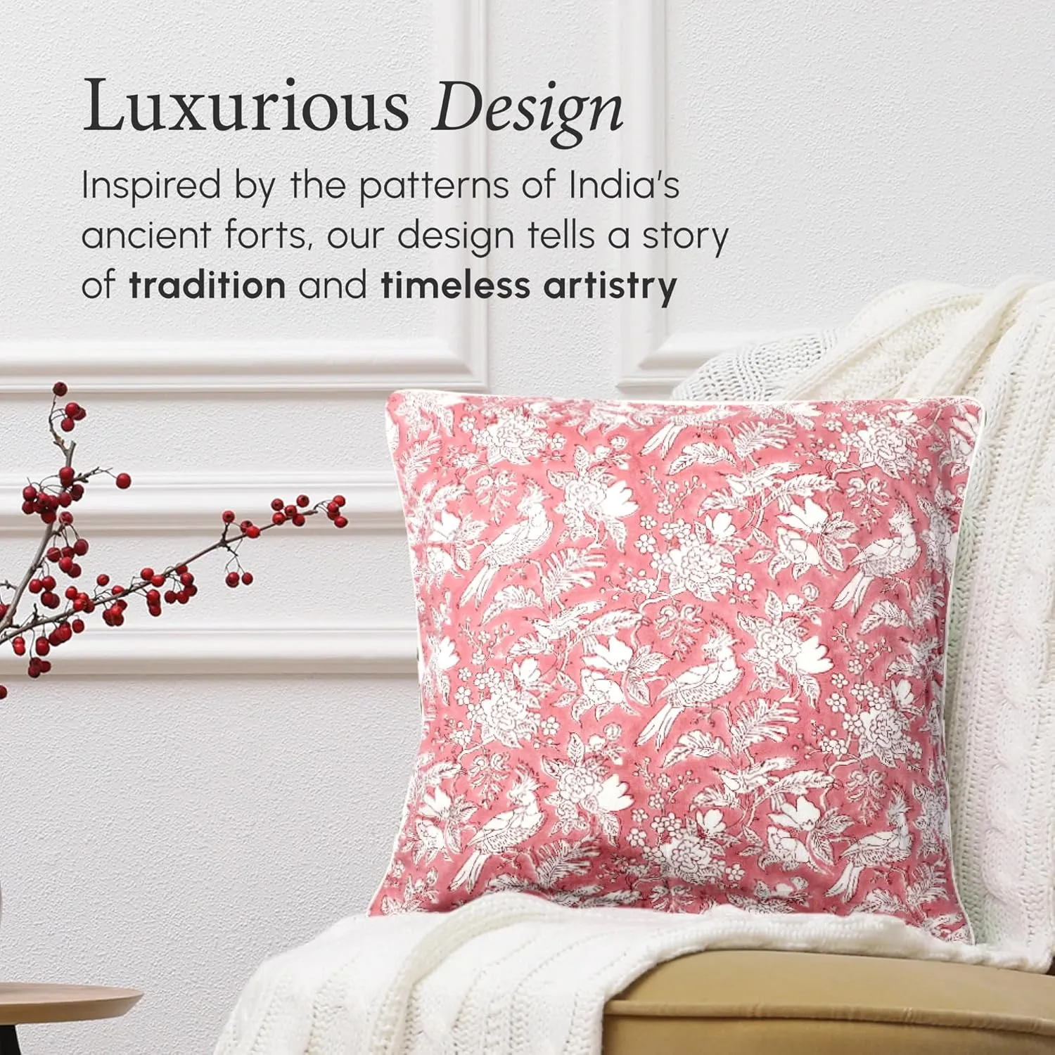CPC 100% Cotton Throw Pillow Covers 20x20 Inch, Set of 2 Pink Block Print Pattern Couch Pillow, Cute Boho Decorative Pillows for Living Room, Bedroom with Hidden Zipper- Coral Pink