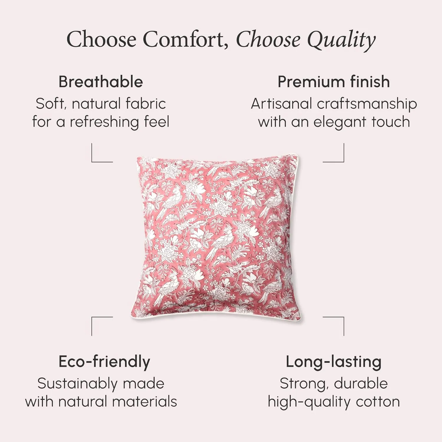 CPC 100% Cotton Throw Pillow Covers 20x20 Inch, Set of 2 Pink Block Print Pattern Couch Pillow, Cute Boho Decorative Pillows for Living Room, Bedroom with Hidden Zipper- Coral Pink