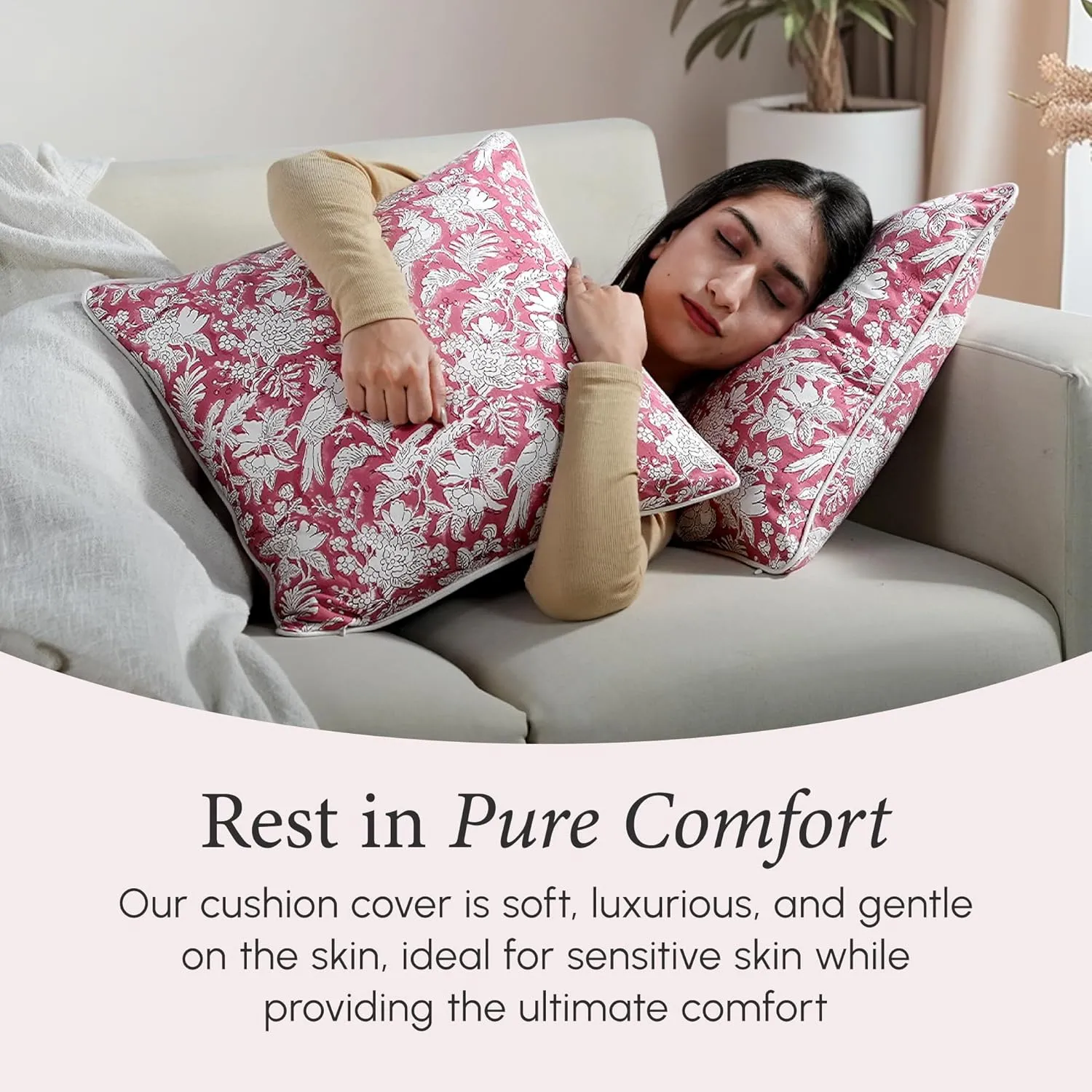 CPC 100% Cotton Throw Pillow Covers 20x20 Inch, Set of 2 Pink Block Print Pattern Couch Pillow, Cute Boho Decorative Pillows for Living Room, Bedroom with Hidden Zipper- Coral Pink