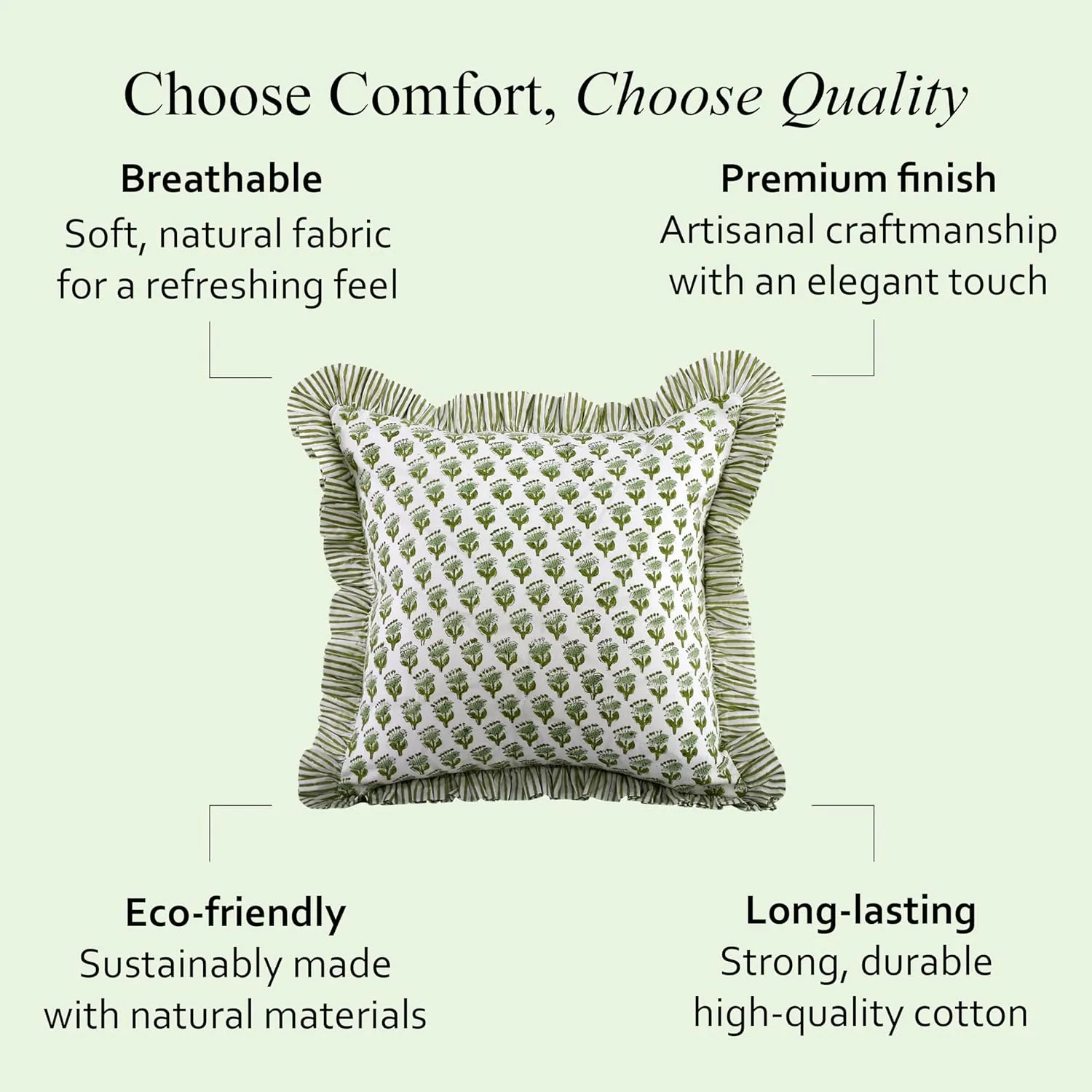CPC Emerald Green Ruffle Throw Pillow Covers for Couch, 18x18 Inch Cotton Stripe Ruffle Couch Pillows for Living Room, Hidden 14 Inch Zipper Boho Pillow Case or Cute Outdoor Pillows