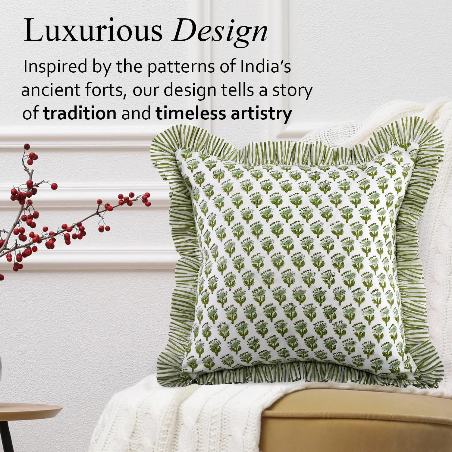 CPC Emerald Green Ruffle Throw Pillow Covers for Couch, 18x18 Inch Cotton Stripe Ruffle Couch Pillows for Living Room, Hidden 14 Inch Zipper Boho Pillow Case or Cute Outdoor Pillows