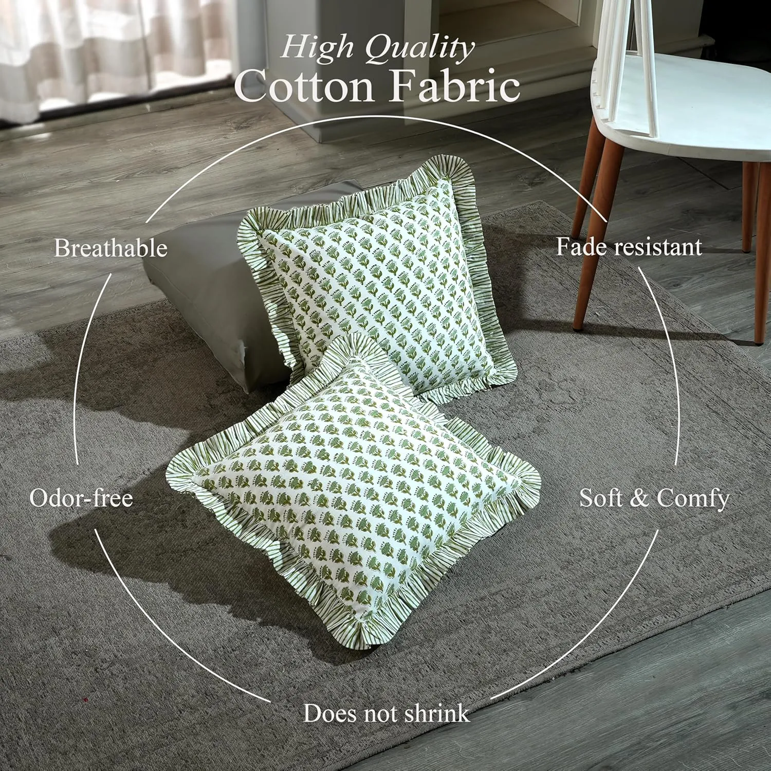 CPC Emerald Green Ruffle Throw Pillow Covers for Couch, 18x18 Inch Cotton Stripe Ruffle Couch Pillows for Living Room, Hidden 14 Inch Zipper Boho Pillow Case or Cute Outdoor Pillows