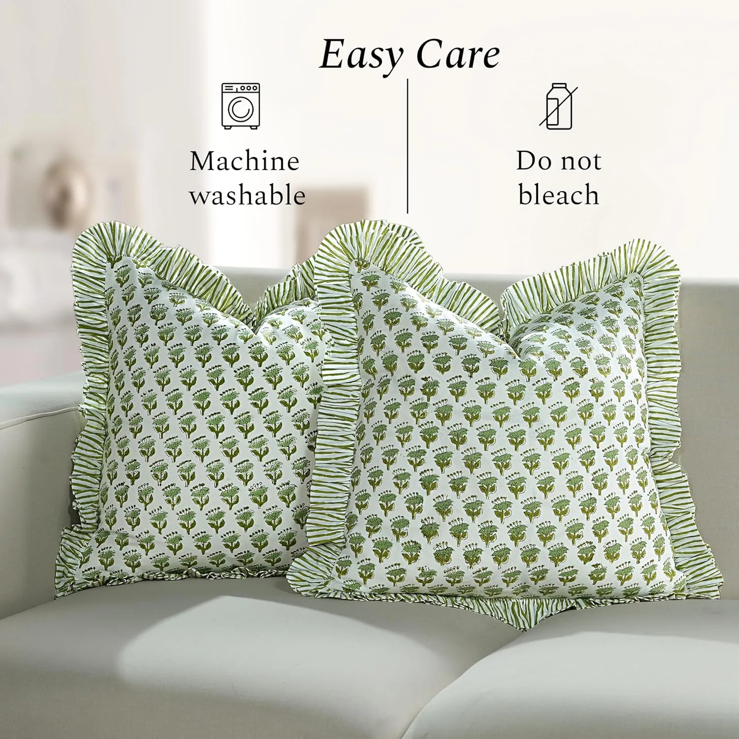 CPC Emerald Green Ruffle Throw Pillow Covers for Couch, 18x18 Inch Cotton Stripe Ruffle Couch Pillows for Living Room, Hidden 14 Inch Zipper Boho Pillow Case or Cute Outdoor Pillows