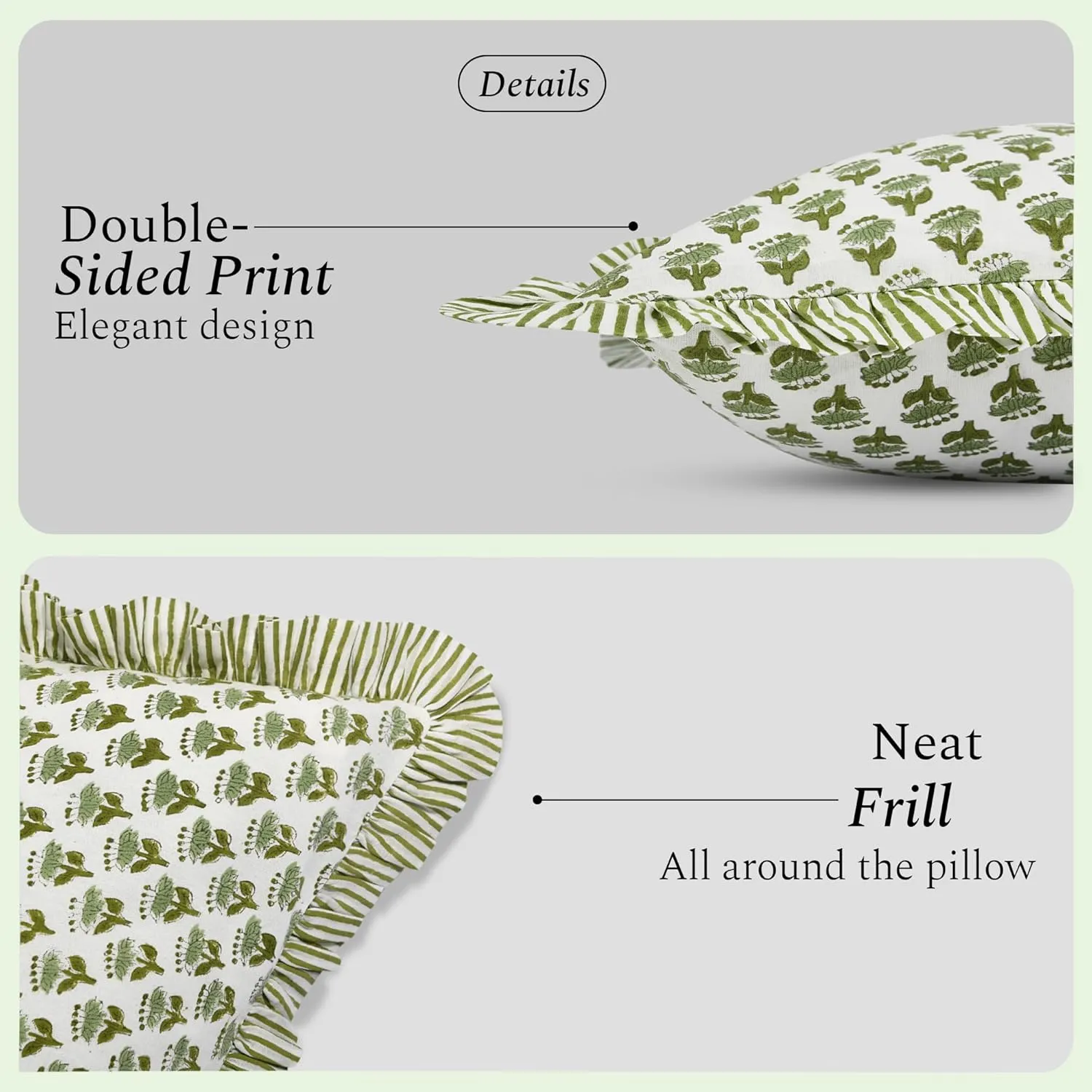 CPC Emerald Green Ruffle Throw Pillow Covers for Couch, 18x18 Inch Cotton Stripe Ruffle Couch Pillows for Living Room, Hidden 14 Inch Zipper Boho Pillow Case or Cute Outdoor Pillows
