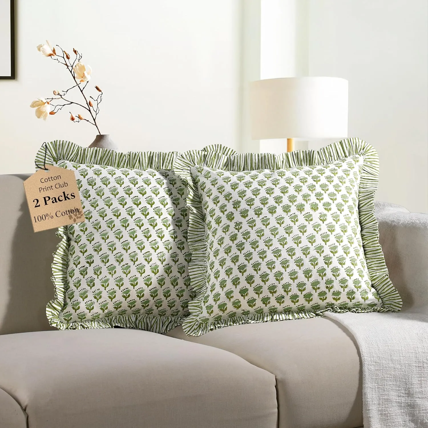 CPC Emerald Green Ruffle Throw Pillow Covers for Couch, 18x18 Inch Cotton Stripe Ruffle Couch Pillows for Living Room, Hidden 14 Inch Zipper Boho Pillow Case or Cute Outdoor Pillows