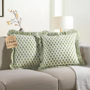 CPC Emerald Green Ruffle Throw Pillow Covers for Couch, 18x18 Inch Cotton Stripe Ruffle Couch Pillows for Living Room, Hidden 14 Inch Zipper Boho Pillow Case or Cute Outdoor Pillows