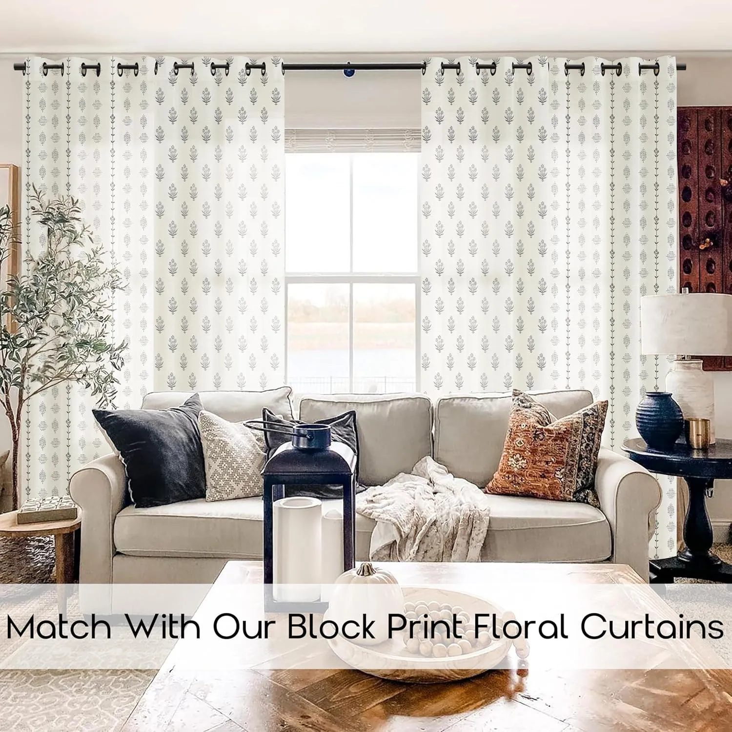 Cream and Black Boho Floral Curtains,Farmhouse Aztec Motif Print Charcoal Pattern Moody Curtains for Living Room Bedroom Office Window Livingroom 84 Inches Long 2 Panels
