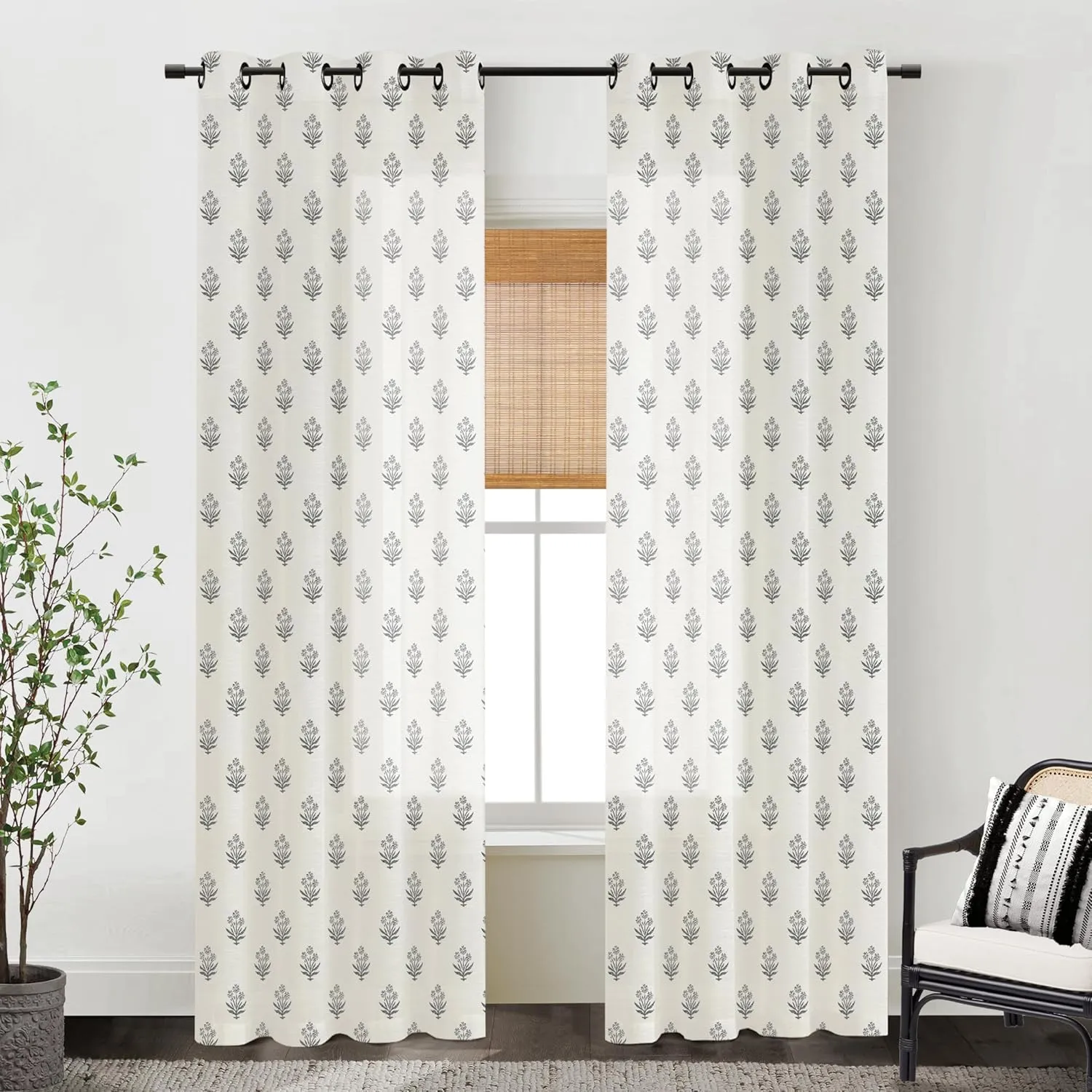 Cream and Black Boho Floral Curtains,Farmhouse Aztec Motif Print Charcoal Pattern Moody Curtains for Living Room Bedroom Office Window Livingroom 84 Inches Long 2 Panels