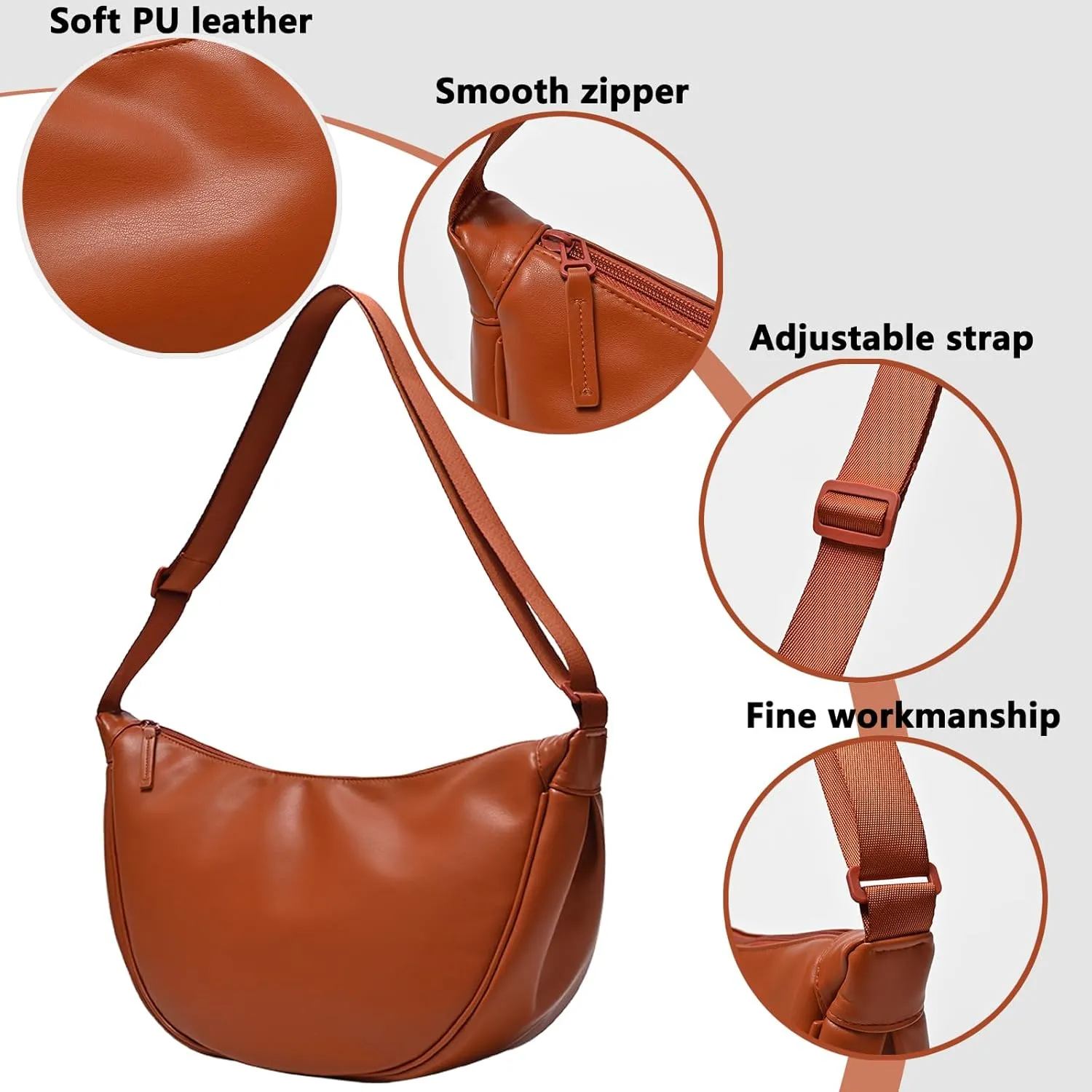 Crescent Bag for Women Men PU Leather Crossbody Bag Large Dumpling Bag Lightweight Hobo Sling bag Shoulder Bag